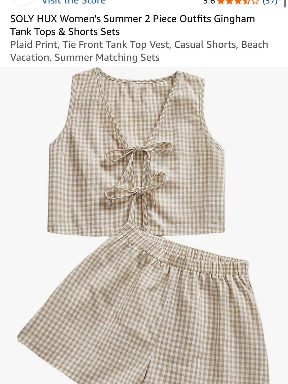 Amazon Beige and White Gingham Tie-Front Summer Set